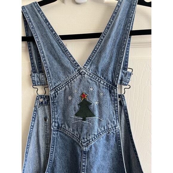 CHRISTOPHER & BANKS Vintage Christmas Appliqué Wide Leg Denim Jean Overalls Sz L - Picture 7 of 16